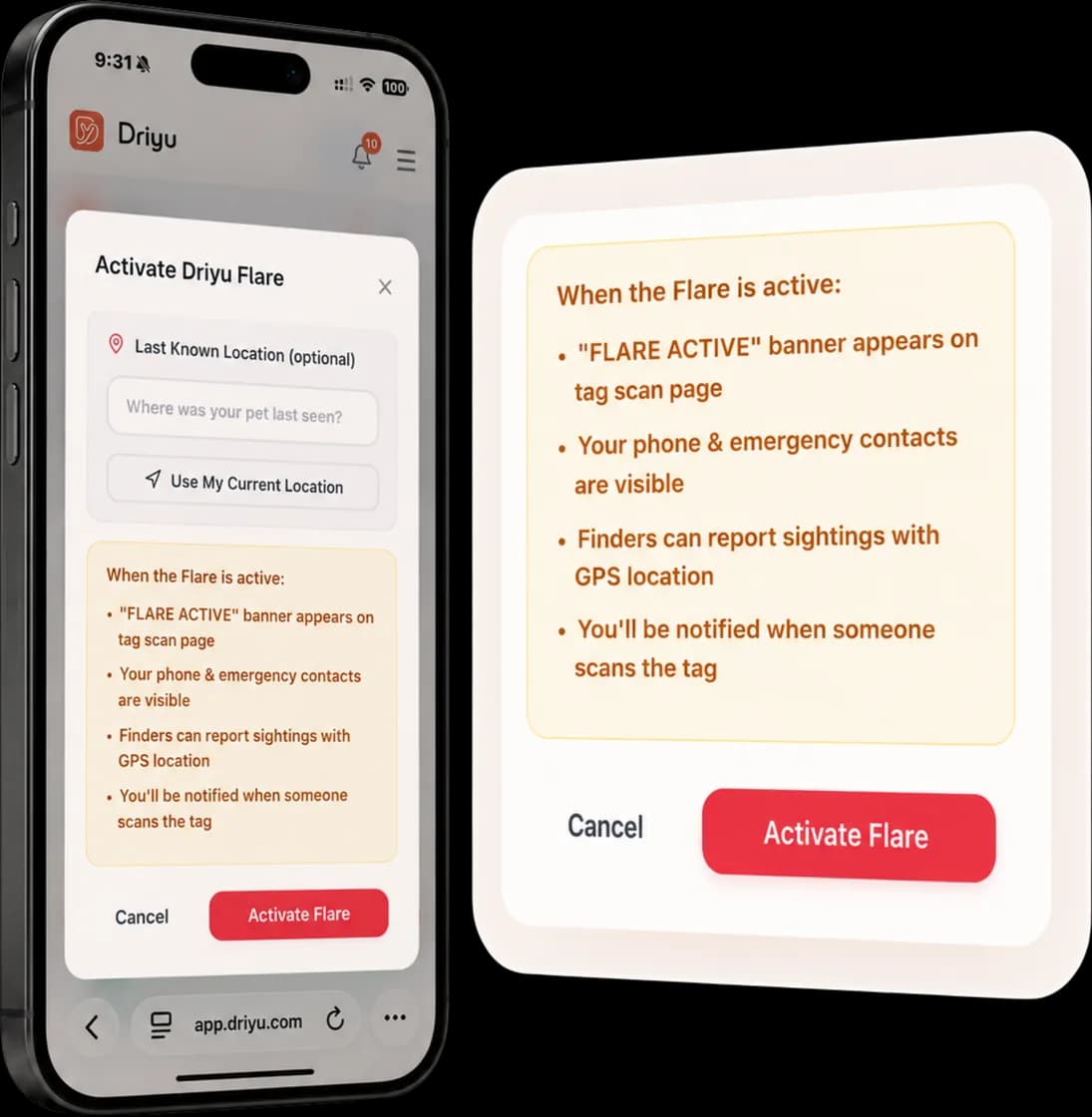 The Activate Driyu Flare screen on a phone listing what turning Lost Mode on does: a found-pet banner on the scan page, your phone and emergency contacts visible, finders can report where they are, and you are notified when someone scans.