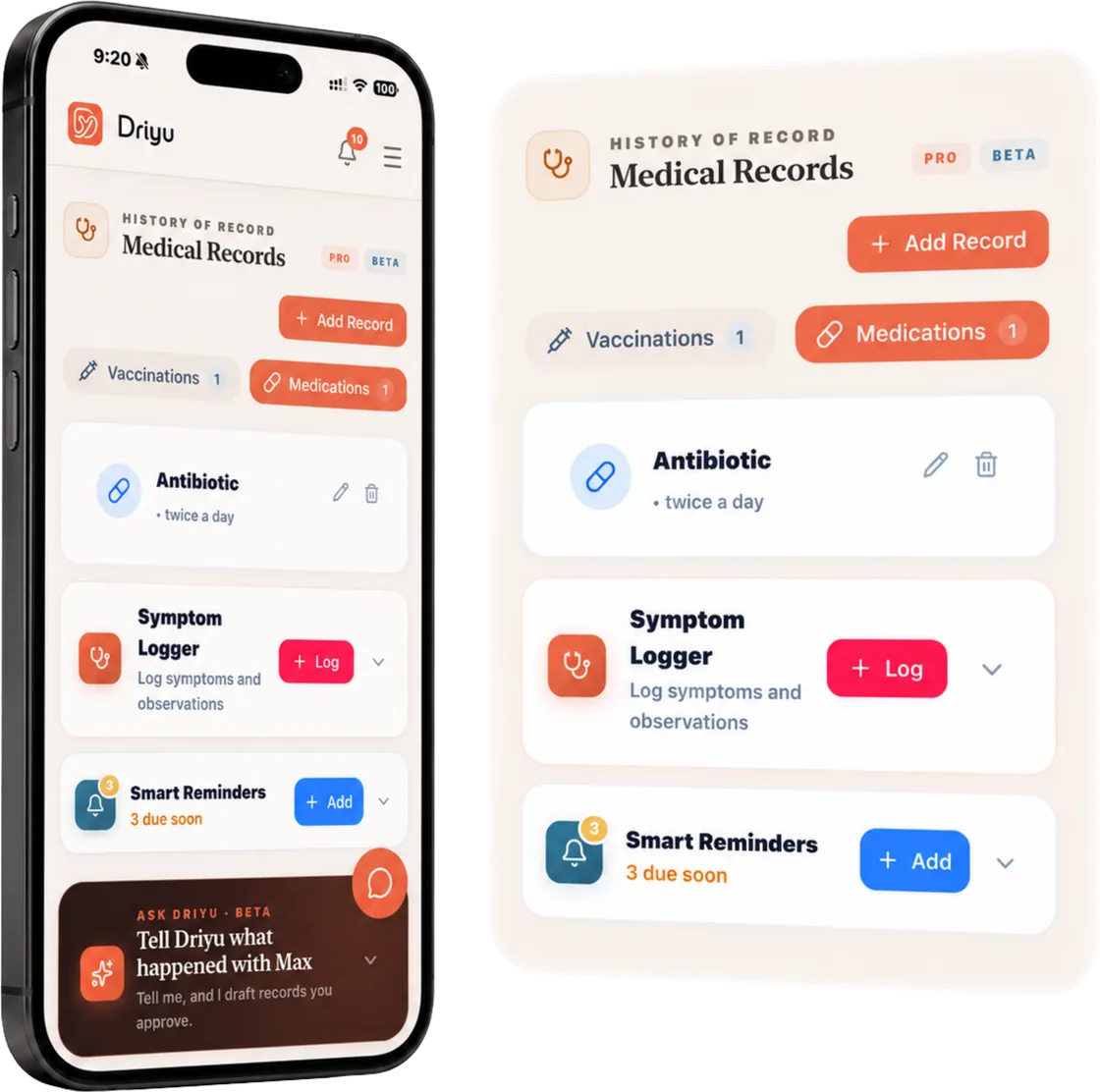 Medical Records on a phone with the Medications tab active showing an Antibiotic, twice a day entry, alongside Symptom Logger and Smart Reminders rows.