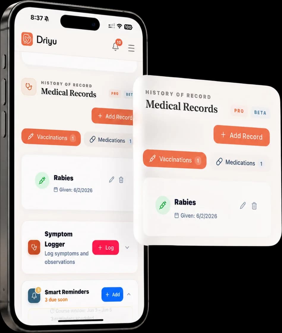 Medical Records on a phone showing Vaccinations and Medications tabs with a Rabies entry and an Add Record button.