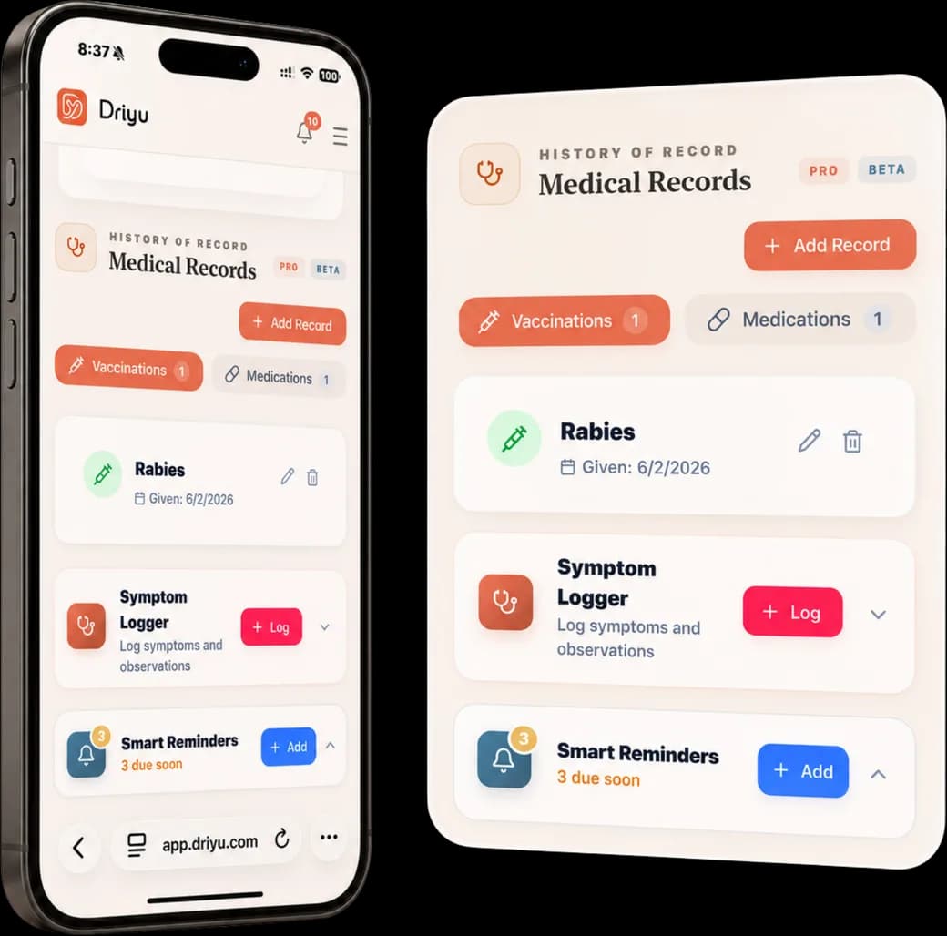 Driyu Medical Records screen on a phone with Vaccinations and Medications tabs and a sample vaccine record, so the records travel with the pet instead of staying in a paper file at home.