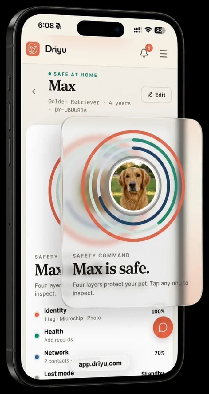 Driyu pet profile on a phone showing the recovery profile already built and ready — a Safety Command overlay with protection layers for a pet named Max — before the tag is ever needed.