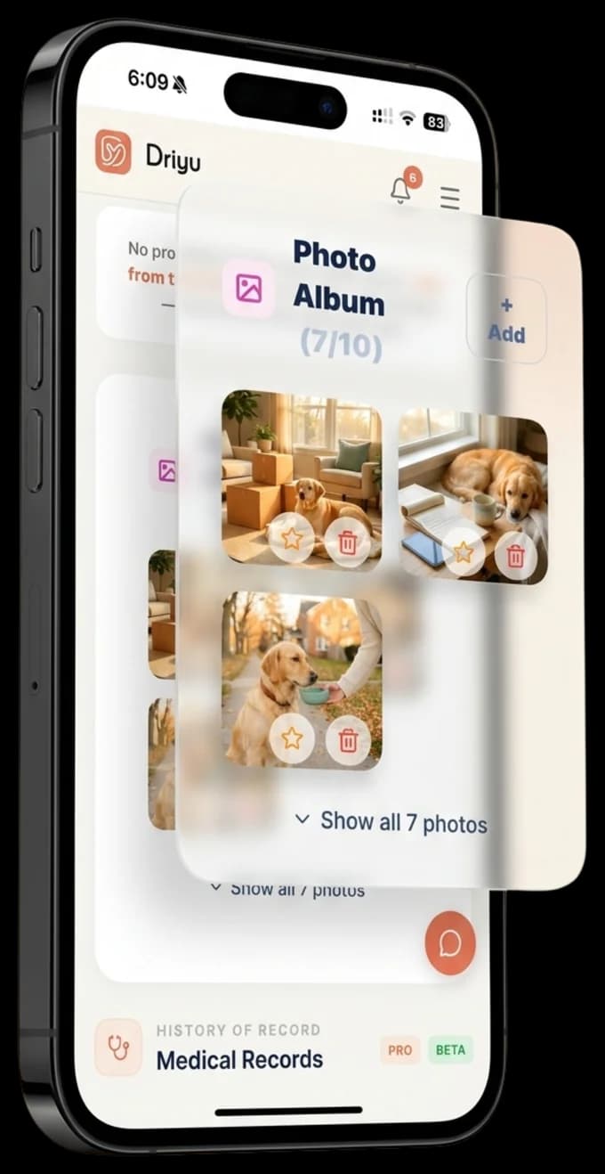 Driyu app on a phone showing a pet photo album over the Medical Records area, where vet documents and photos travel with the pet.