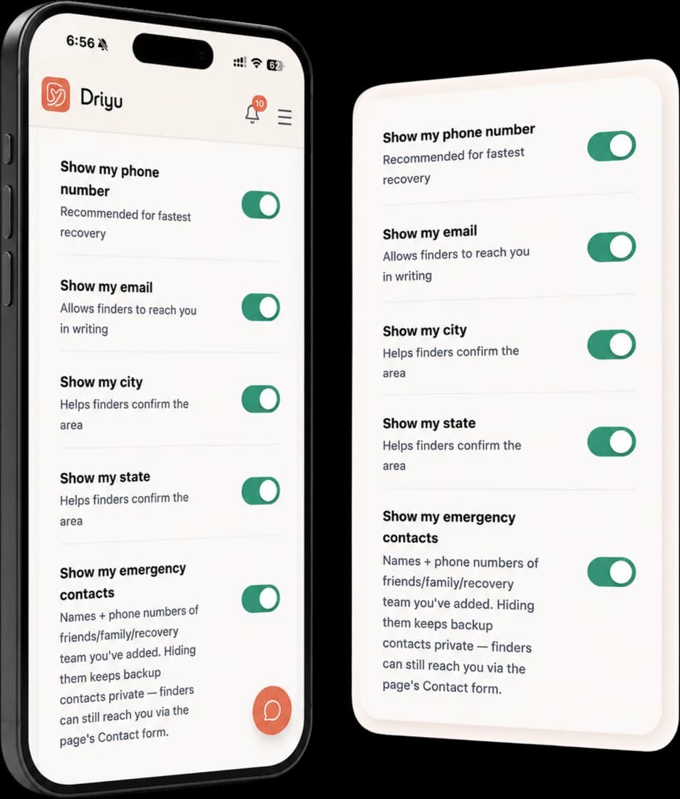 Driyu privacy controls on two phones — independent toggles for showing phone number, email, city, state, and emergency contacts, each set by the owner.