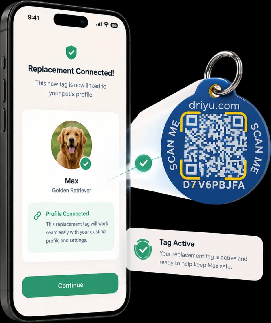 Driyu "Replacement Connected" screen confirming a new tag is linked to an existing pet profile for a Golden Retriever named Max, beside a Driyu QR tag marked active.