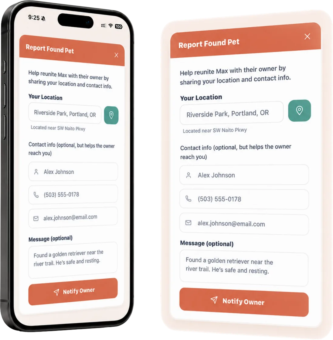Driyu "Report Found Pet" form on two phones, where a finder chooses to share a location and optional contact details to help reunite a found pet with its owner.