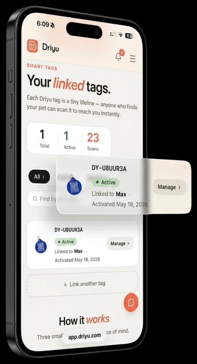 Driyu linked-tags screen on a phone, shown at an angle, listing a tag connected to a pet named Max with a Link another tag action.
