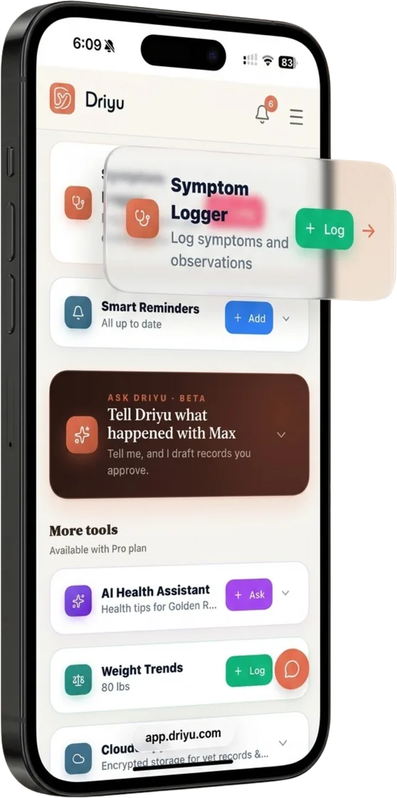 The home screen on a phone with the Symptom Logger row highlighted and a Log action, above Smart Reminders, Ask Driyu, AI Health Assistant and other tools.