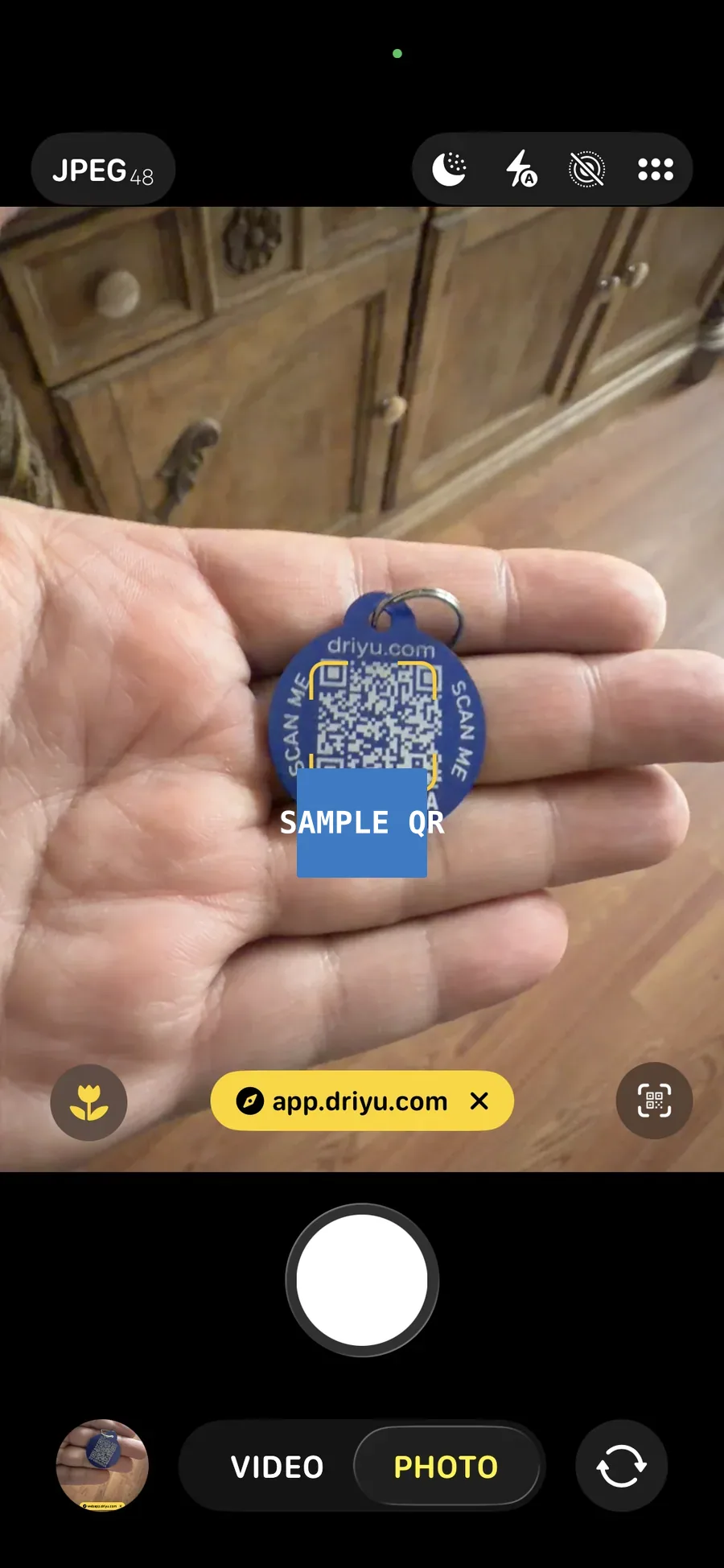 A phone camera pointed at a small blue Driyu pet tag in a hand, with a yellow app.driyu.com link ready to tap on the screen.