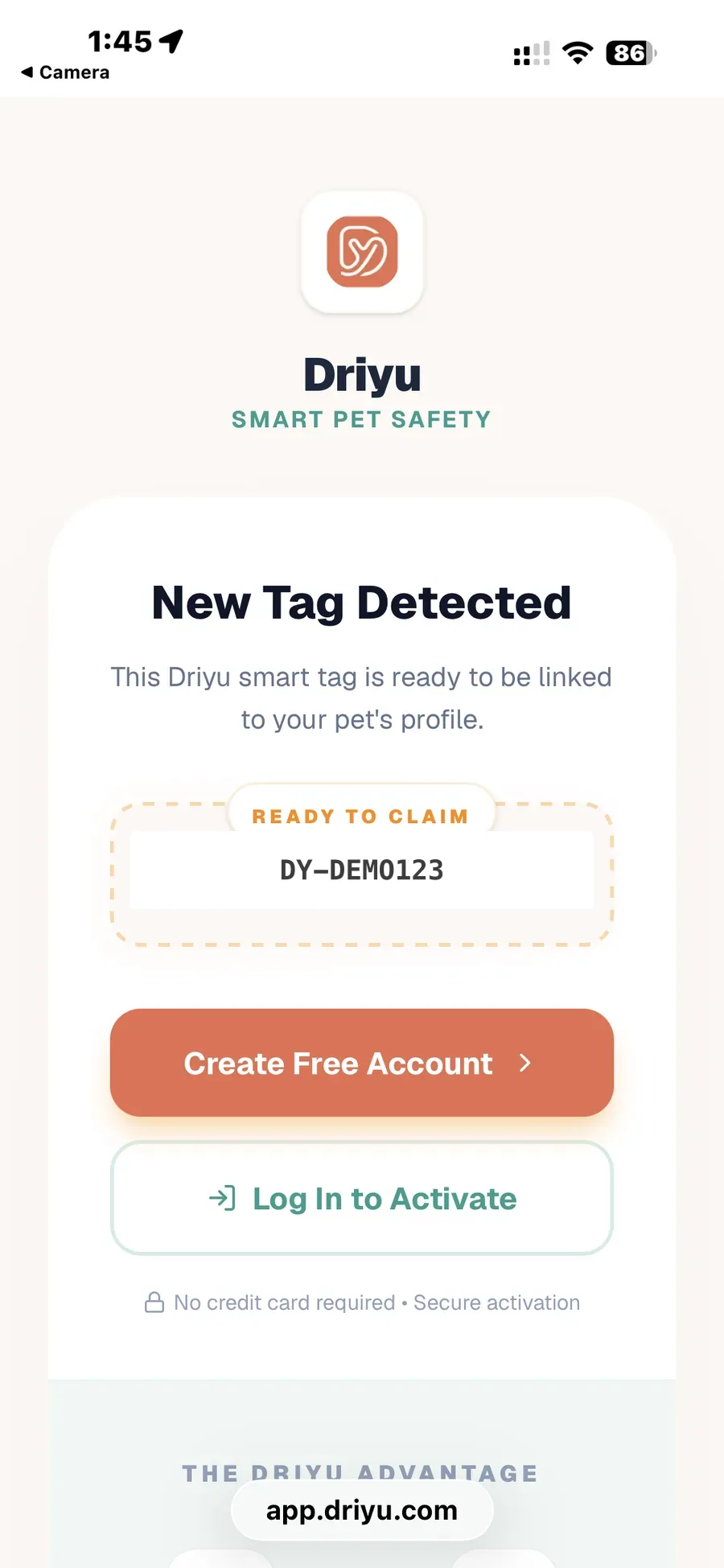 The Driyu app screen titled "New Tag Detected" showing a tag ready to be claimed, with large orange "Create Free Account" and "Log In to Activate" buttons.