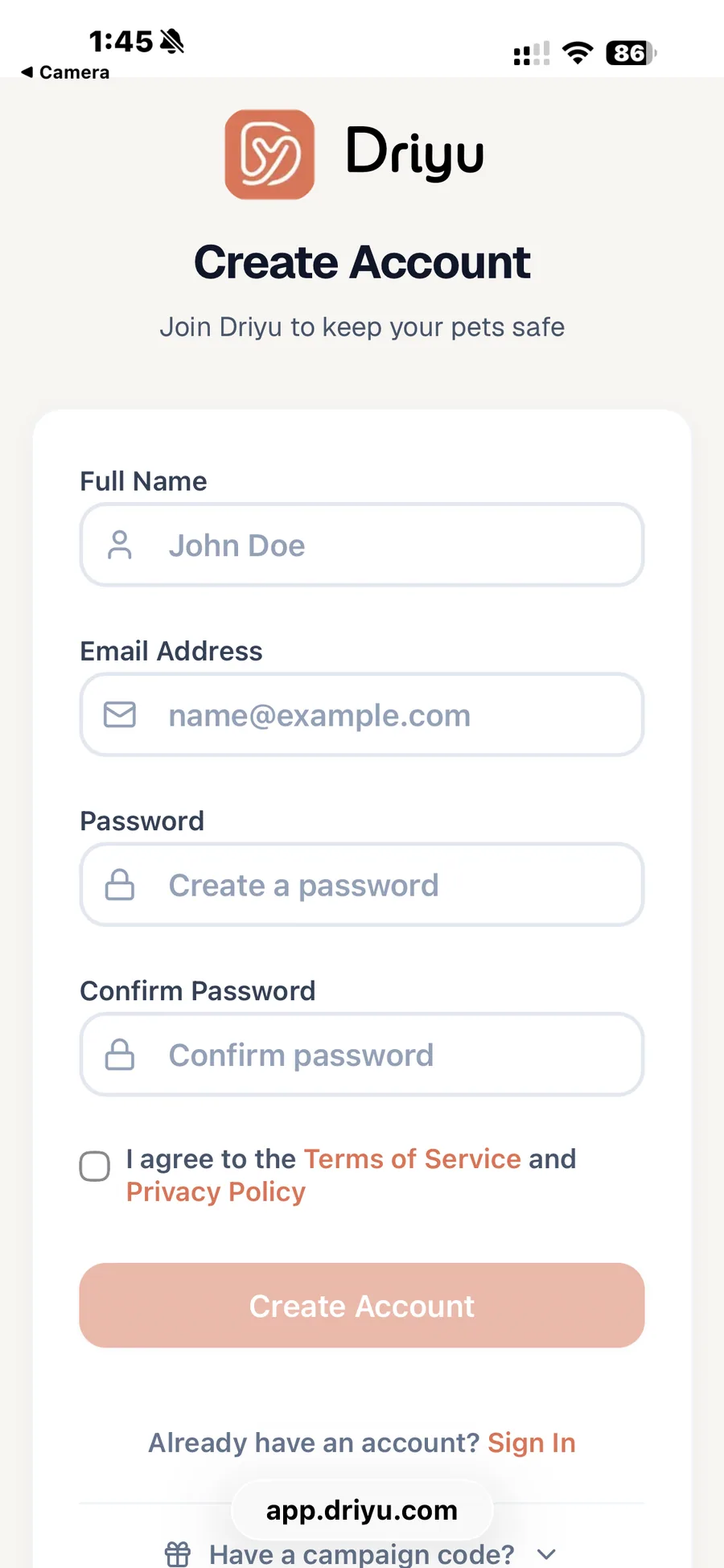 An empty Create Account form on the Driyu app, ready for you to enter your name, email, and password.