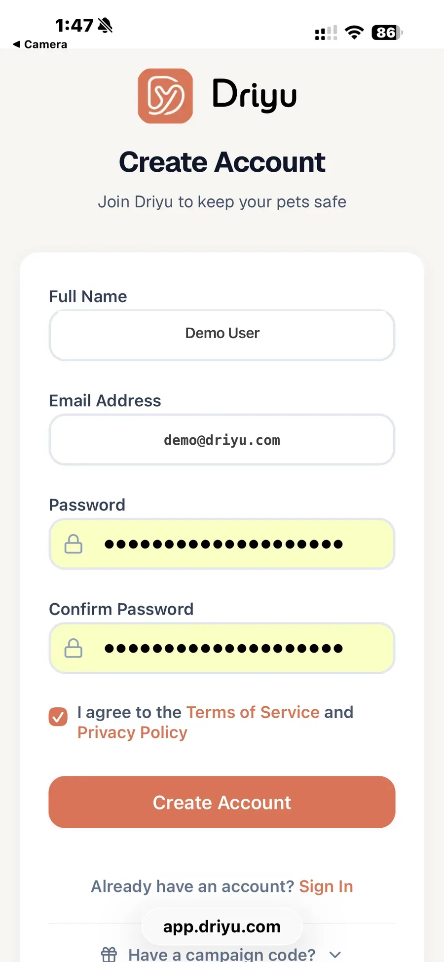 The Driyu app Create Account screen with a demo name and email typed in, ready to make a new account.