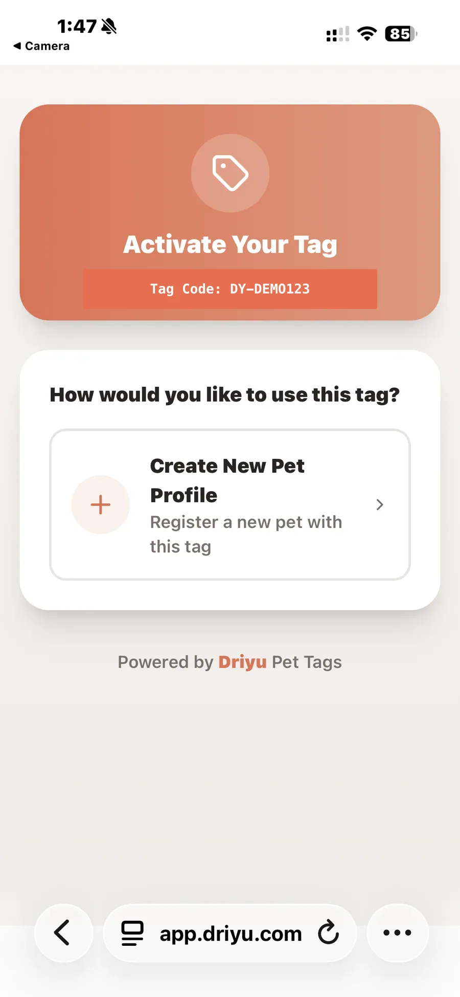 The activation screen on a phone showing the heading "Activate Your Tag" and a single big button to create a new pet profile.