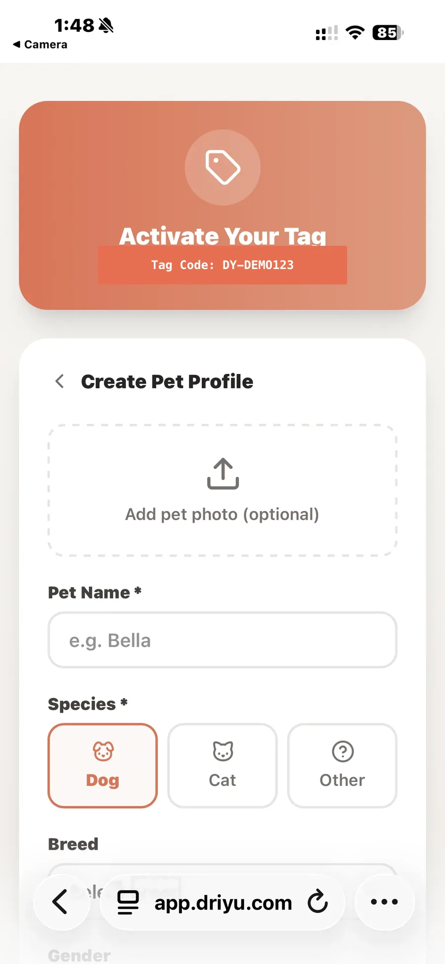 The Create Pet Profile screen in the Driyu app, with a place to upload a pet photo, type your pet’s name, and choose the species (Dog, Cat, or Other).
