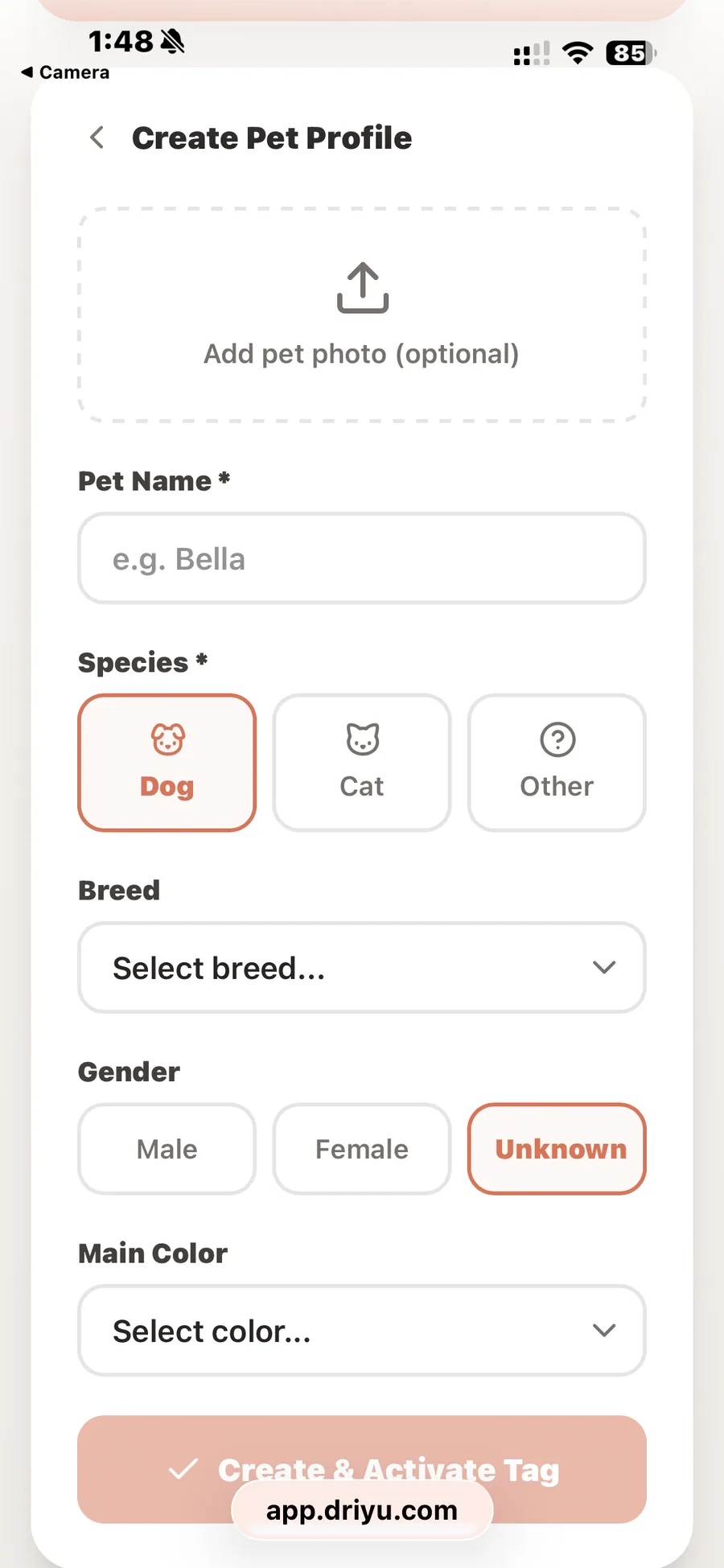 The Driyu app pet profile form, ready for you to enter your pet’s name, choose dog or cat, pick a breed, and select gender and main color.