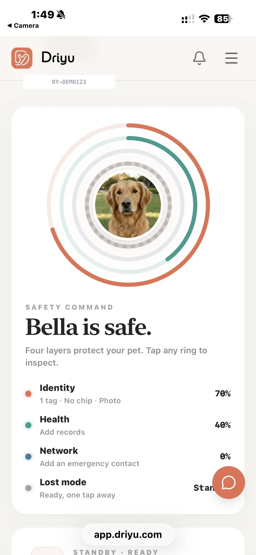 The Driyu app dashboard for the pet Bella, showing four colored protection rings around her photo with a heading that says "Bella is safe."
