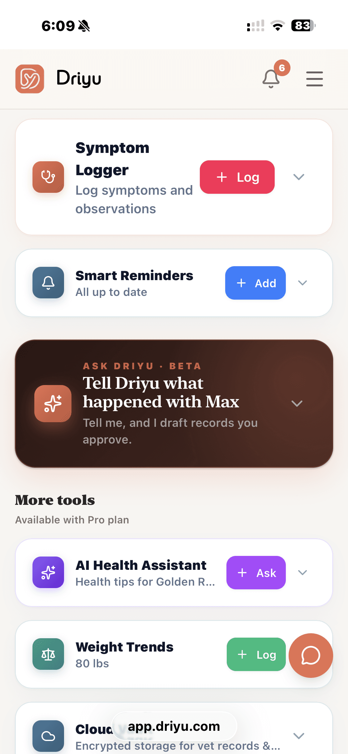 Screenshot of Pro tools inside the Driyu app: Symptom Logger, Smart Reminders, Ask Driyu BETA, AI Health Assistant, Weight Trends, Cloud Vault