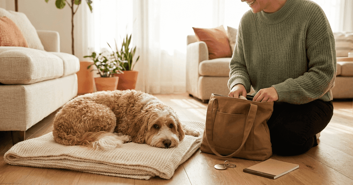A warm, sunlit living room where a calm foster dog rests on a soft blanket while a caring adult kneels nearby, packing a small pet bag with a smart tag and a folded notepad — a gentle moment of transition from foster home to forever home.