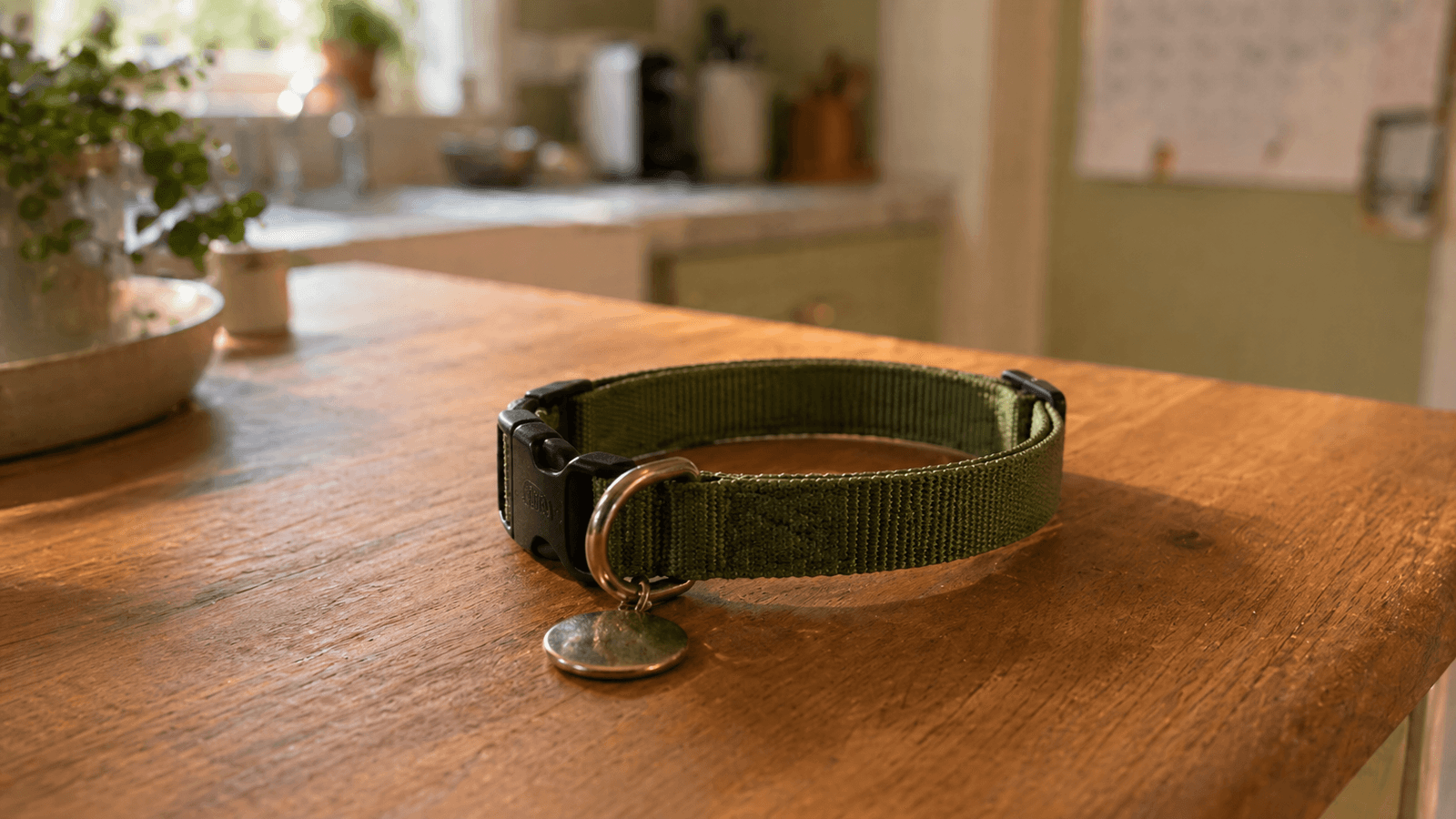 A green pet collar with a small metal tag resting on a warm wooden kitchen counter in soft late-afternoon light.