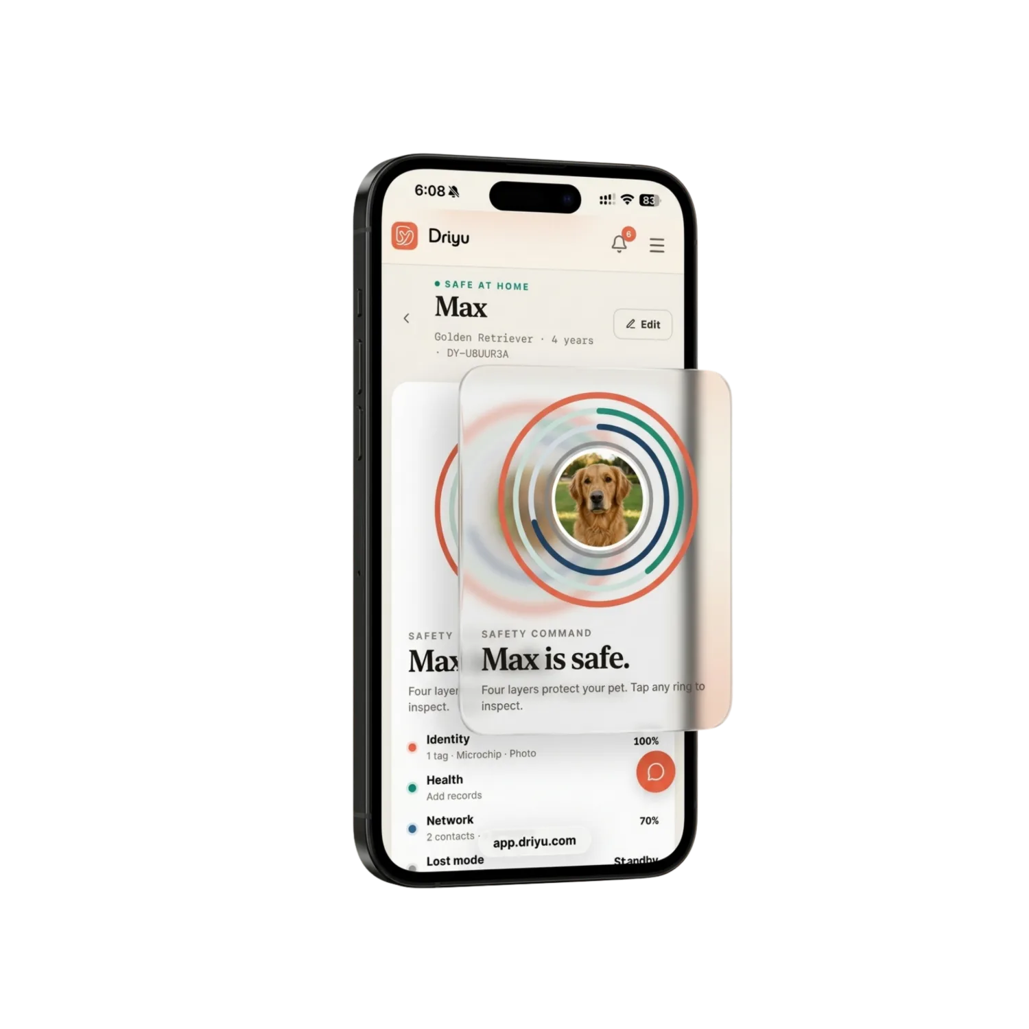 Driyu app showing Max's four-layer safety ring — Max is safe