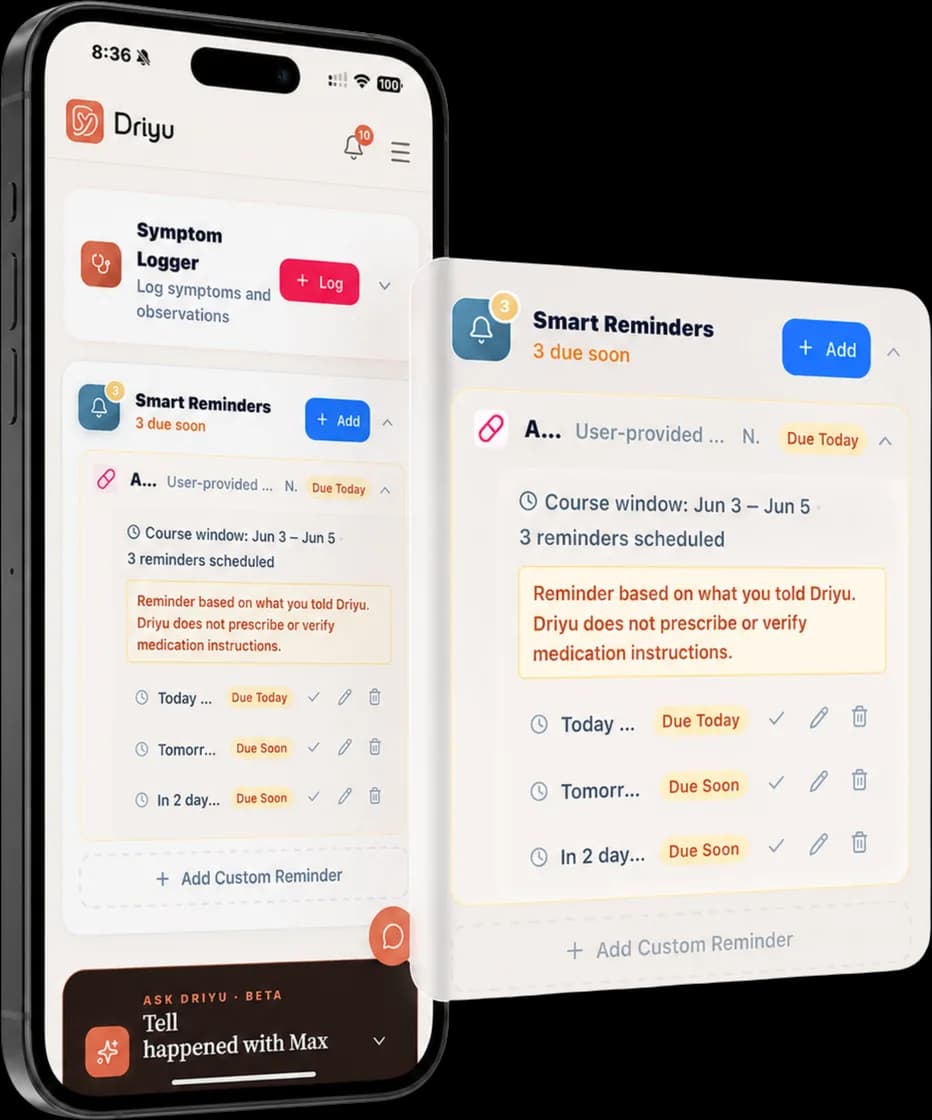 A Smart Reminders screen on a phone showing a medication course scheduled across three days, with a line that the reminder is based on what you told Driyu and that Driyu does not prescribe or verify medication instructions.