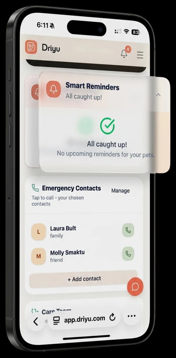 Driyu Smart Reminders on a phone, shown at an angle, with an All caught up state for upcoming vaccine and medication tasks.