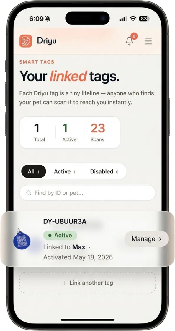 Driyu tag inventory on a phone — a "Your linked tags" list with totals for active and disabled tags, a search field, and a tag card showing its ID, an active status, and the pet it is linked to. Sample screen shown.