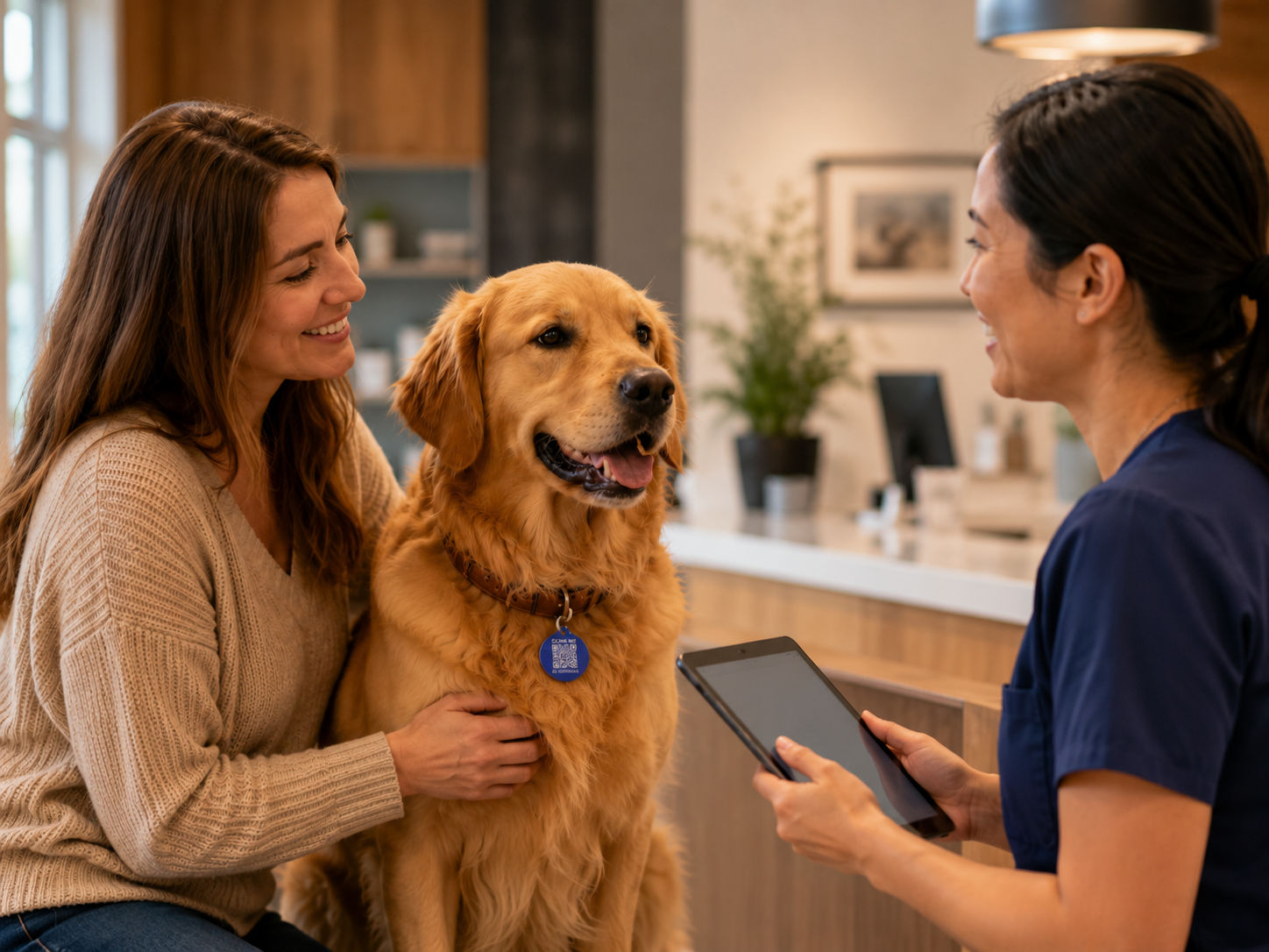 Pet owner and clinic staff at check-in with a dog wearing a Driyu tag.