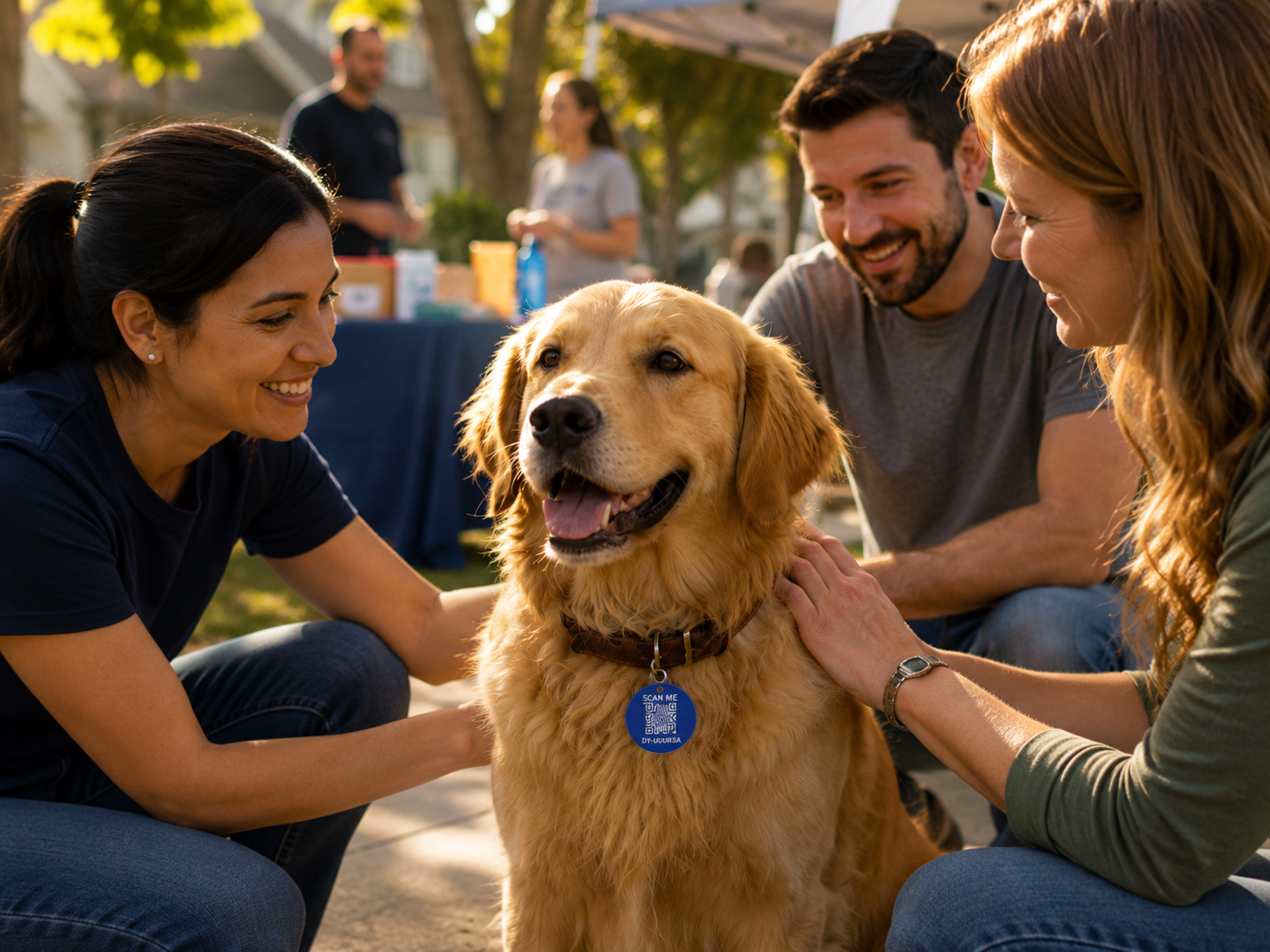 Community partners and neighbors gathering with a dog wearing a Driyu tag.