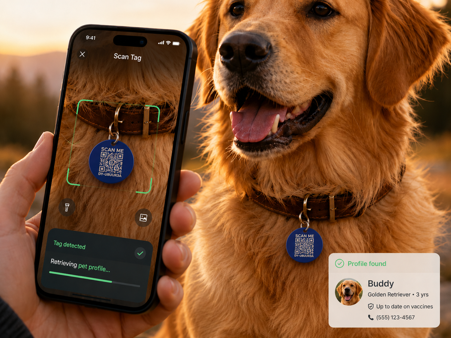 Phone scanning a real Driyu tag on a dog's collar to open pet profile details.
