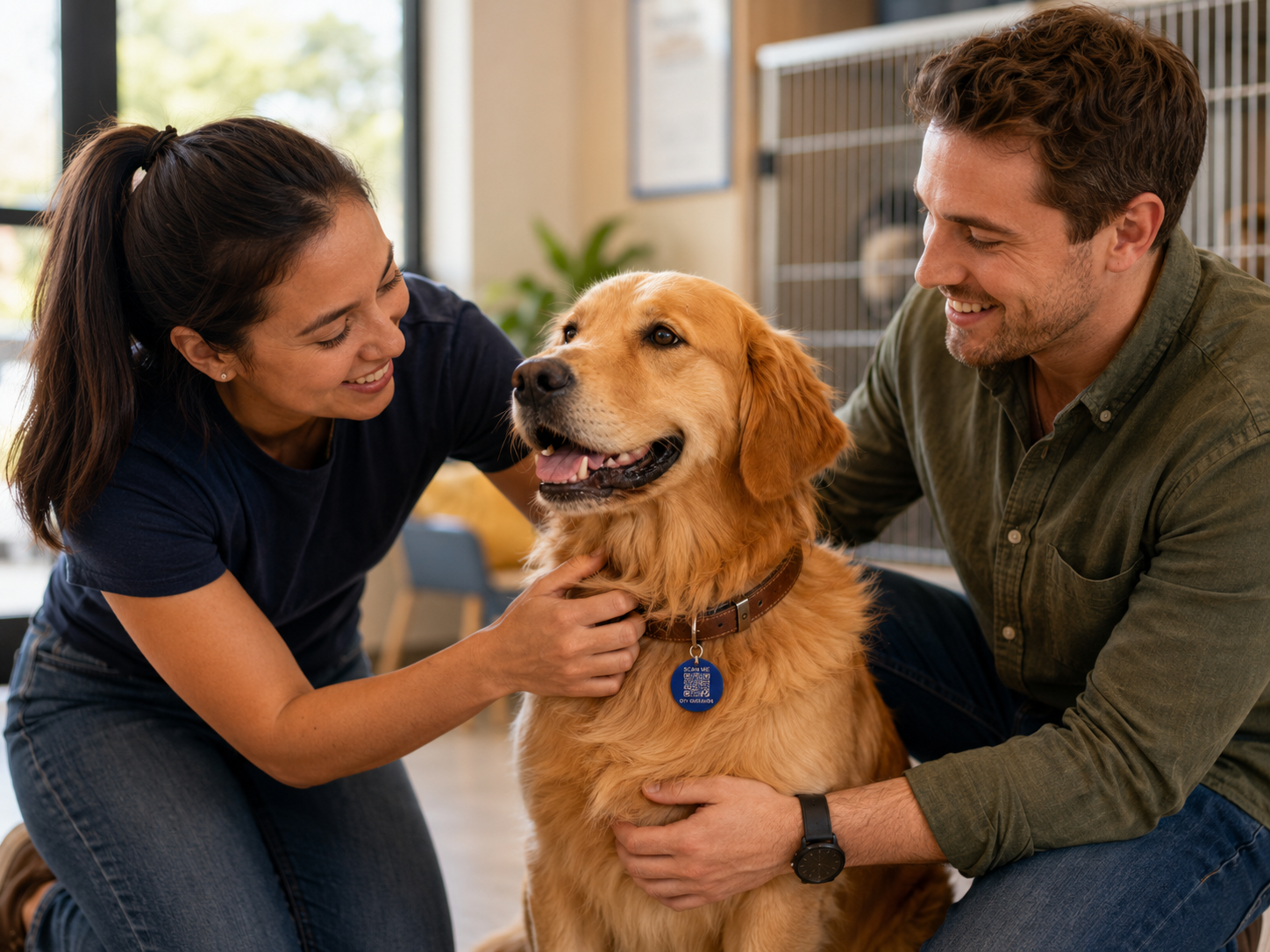 Shelter adoption moment with a family and dog wearing a Driyu tag.